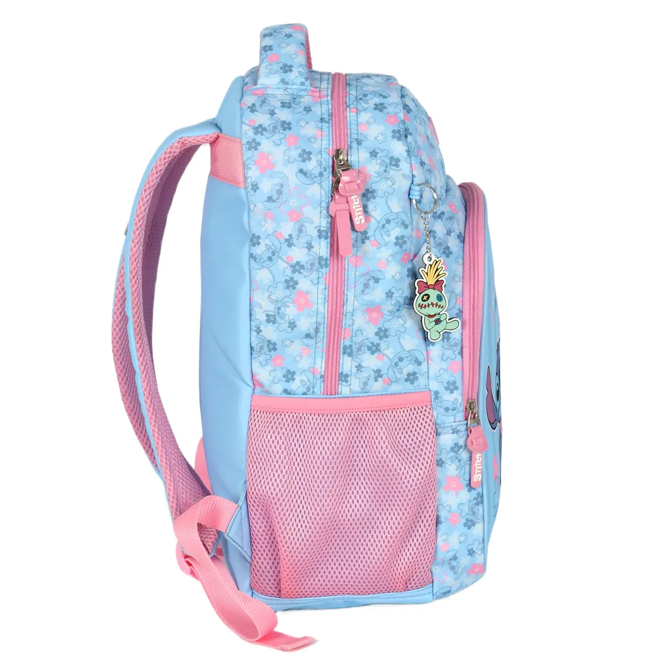 Vista lateral da mochila infantil Luxcel Stitch azul claro com bolso lateral em tela rosa e zíper rosa
